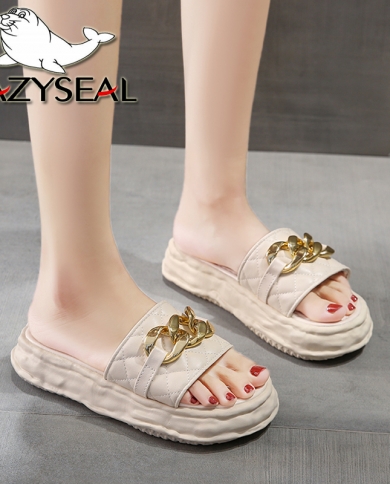Lazyseal Thick Sole Women Slippers Metal Chain Designer Platform Sandals Women 2022 Round Toe Flip Flop Melt Bottom Slip
