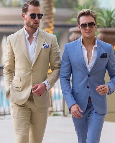 2022 Ivory Linen Men Suits For Beach Wedding Groom Tuxedos Notched Lapel Terno Two Pieces Groomsmen Wear Slim Fit Men Su