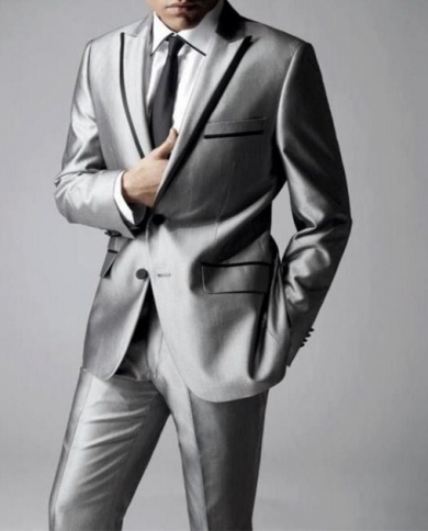 Formal Sliver Grey Groomsmen Men Suits 2 Pieces Black Peak Lapel Wedding  Jacketpants Costume Homme Terno Masculino S