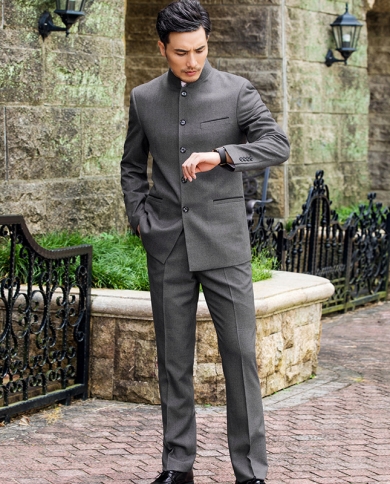 Latest Design Indian Style Mens Stand Collar Suit Jacket Pants Classic Design Groom Gray Wedding Dress 2 Pieces Terno M